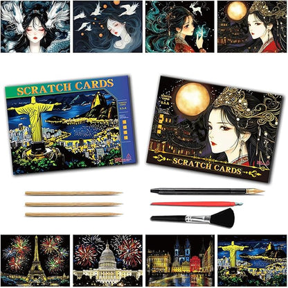 Iskueal Scratch Art Painting Set for Adults – 8 Sheets A4 Rainbow Scratch Paper,Night Scene Engraving Art Kit Creative Craft Art Set for Craft Enthusiasts (Brazilian Statue/Person)