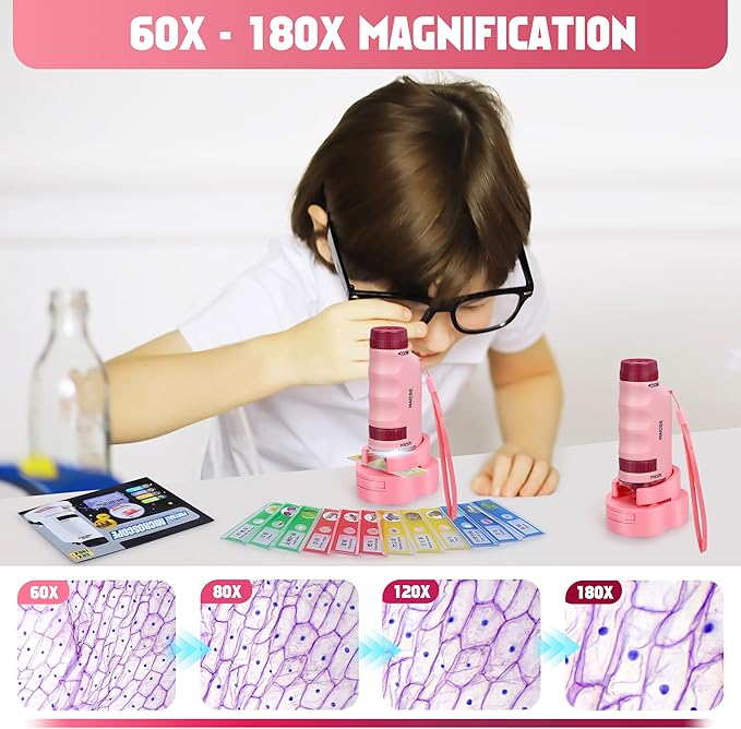 Portable Microscope for Kids Zoom 60x-180x,Handheld Mini Microscope STEM & Science Toys,LED Pocket Little Scientist Microscopes with 12pcs Slides,Gifts for 6,7,8,9,10+ Girls Boys（2PCS Pink）