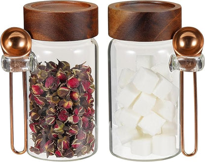 Glass Coffee Jars Spice Jar Round Storage Canister with Wooden Lid Clear Glass Food Jar for Pantry Sugar Tea Coffee Bean Spice Nuts Cookies Bath Salts (2×250ml(8.4oz) with scoop)