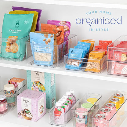 Plastic Food Storage 4 Pack Clear Container Bin with Handles for Organizing Kitchen, Pantry, Fridge, Freezer, Pantry,Bathroom. Stackable. 10"x4"3"