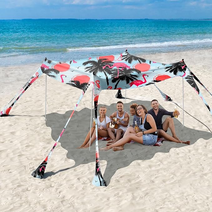 Rhino Valley Beach Tent Shade Canopy UPF50+ Protection, 8 Sandbags, 4 Stability Poles, Outdoor Sun Shelter Umbrella for Sand, Camping, Fishing Essentials