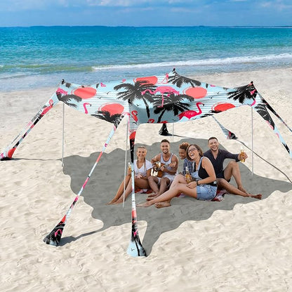 Rhino Valley Beach Tent Shade Canopy UPF50+ Protection, 8 Sandbags, 4 Stability Poles, Outdoor Sun Shelter Umbrella for Sand, Camping, Fishing Essentials