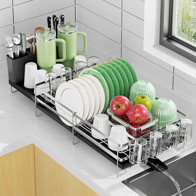 Large Dish Drying Rack, Expandable Dish Rack, Stainless Steel Anti-Rust Dish