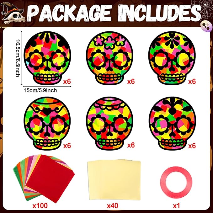 Qyeahkj 36 Set Day of The Dead Suncatchers Crafts for Kids DIY Skull Window Tissue Paper Craft Kit Hanging Decor for Mexico Home Activity Art Project Birthday Party Favor Gift