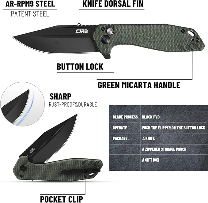 CJRB CUTLERY Folding Knife Riff (J1928) Button Lock Pocket Knife for Men Black PVD AR-RPM9 Steel Blade and Green Micarta Handle for Work Outdoor Hinking Camping