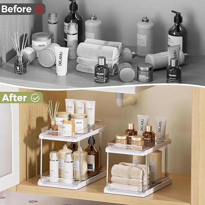 Delamu 2-Tier Bathroom Under Sink Organizers and Storage, Pull Out Cabinet