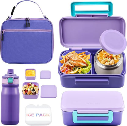 Bento Lunch Box for Kids With 8oz Thermo, Leakproof Bento Box with with 2 Compartments, Insulated Bottle, Lunch Bag, BPA Free Dishwasher Safe for School Girls Boys (Purple)