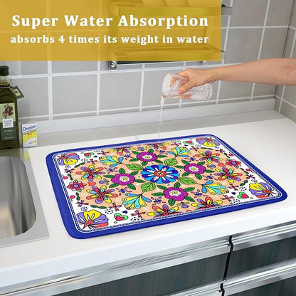 Mexican Talavera Dish Drying Mat Navy Blue Large Microfiber Dish Drain Pad
