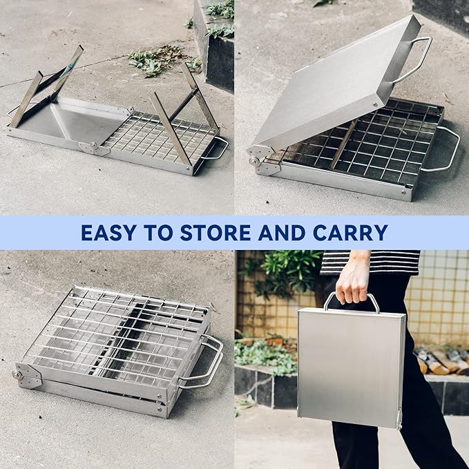 Skyflame Folding Campfire Grill, Portable Stainless Steel Camping Grill Grate and Camp Grill Griddle with Collapsible Legs for Versatile Outdoor Backpacking BBQ Over Fire Pit Cooking