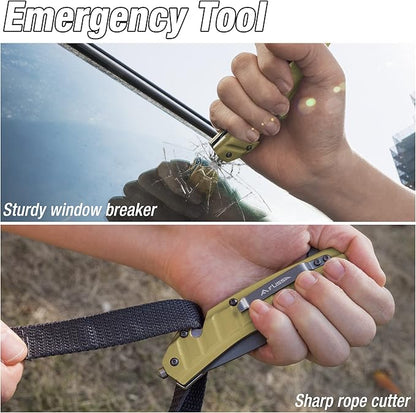 FLISSA Folding Pocket Knife, Tactical Knife with Liner Lock, Tanto Blade, Pocket Clip, Glass Breaker, Seatbelt Cutter, Perfect for Hunting, Camping, Survival (Coyote Brown)