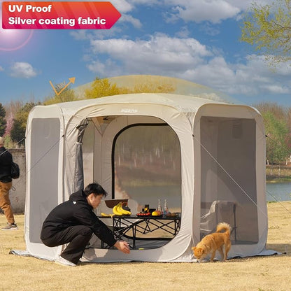 Porayhut Pop up Screen House Tent Sun Shelter with Breathable Mesh Doors,Portable Camping Tent with Detachable Waterproof Floor,10x10FT Screen Canopy Outdoor for Family Friends Party