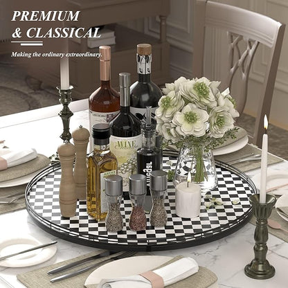 24" Black and White Kitchen Lazy Susan Turntable, Round Checkered Decorative