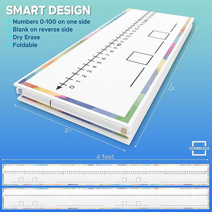 SCRIBBLEDO 0-100 Dry Erase Number Line Board for Students Double Sided 4 Feet with a Red & Black Dry Erase Marker Featuring 0-100 Number Line on One Side and Blank Line on The Reverse