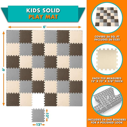 ProSource Foam Puzzle Floor Play Mat for Kids and Babies with Solid Colors, 36 or 16 Interlocking Tiles with Borders, Brown/Beige/Grey