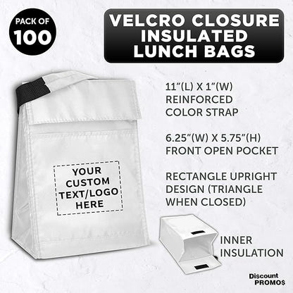 DISCOUNT PROMOS 100 Hook and Loop Insulated Lunch Bags Set - Customizable Text, Logo - Polyester, Durable, Vibrant, Reusable - White