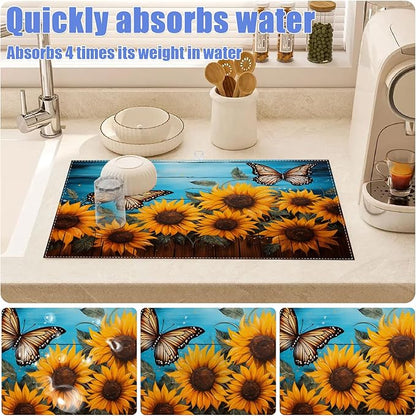 Sunflower Butterfly On Wooden Board Dish Drying Mat