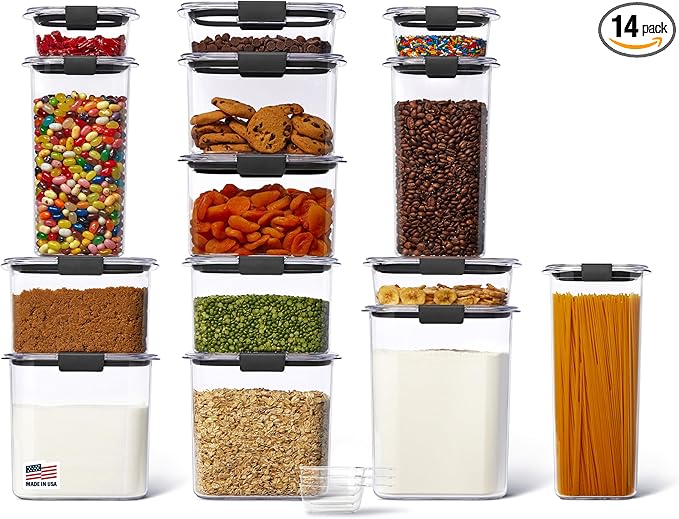 Rubbermaid Brilliance 14-Piece Food Storage Container Set with Scoops Airtight BPA-Free for Kitchen and Pantry Organization