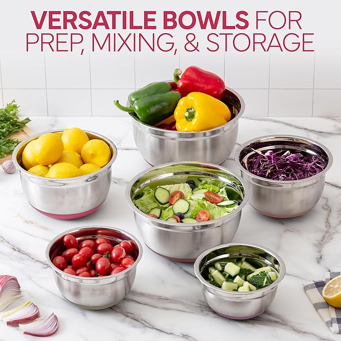 COOK WITH COLOR Stainless Steel Mixing Bowls Set with Lids - Nesting Bowls with Non-Slip Bottom, Rose, 12 Pieces