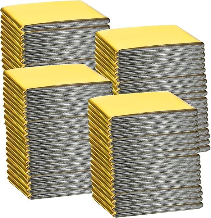 Macarrie 100 Pack Emergency Thermal Blankets Silver Foil Survival Blanket Space Blanket Survival Kit for Outdoors, Camping, Hiking, Homeless, Survival or First Aid (Gold)