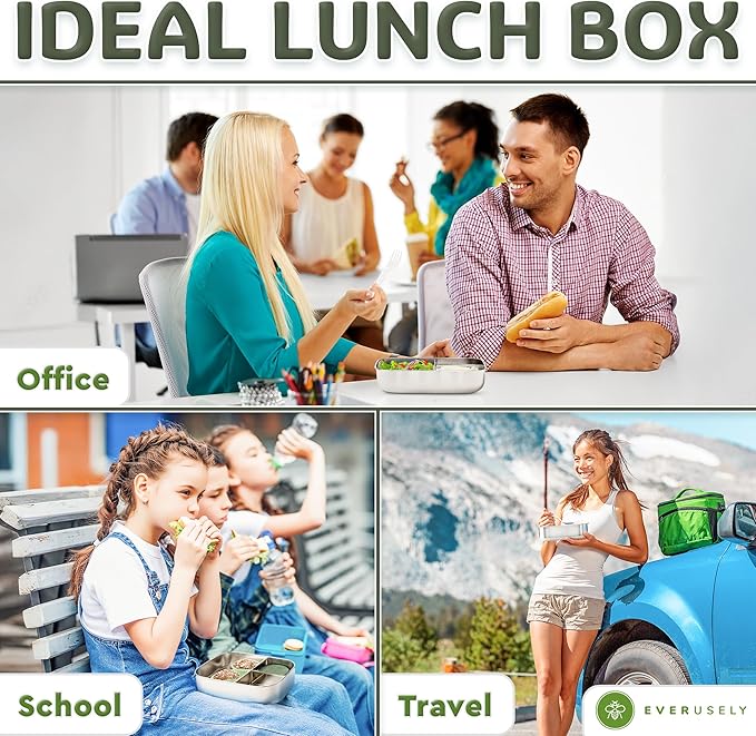 Everusely - Bento Box - Sage, 47oz / 1.4 L - Stainless Steel Lunch Box with Leakproof Condiment Container - 3 Compartment Snack Organizer for On the Go Meals - Freezer & Dishwasher Safe