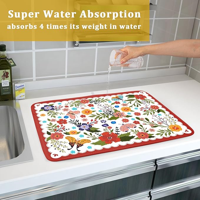 Large Microfiber Dish Drying Mat Red Floral Absorbent Drying Pad
