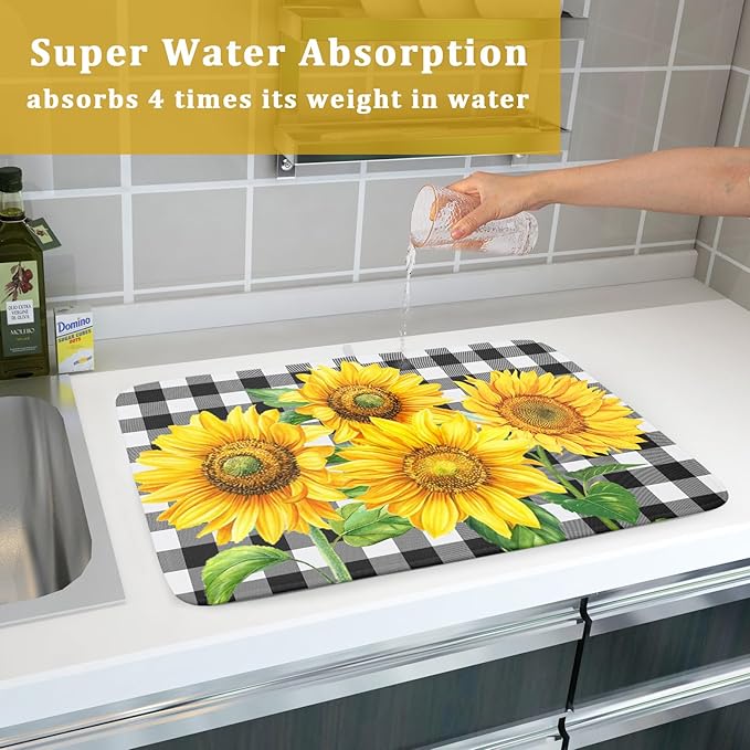 Sunflower Dish Drying Mat for Kitchen Counter Black White Buffalo Plaid