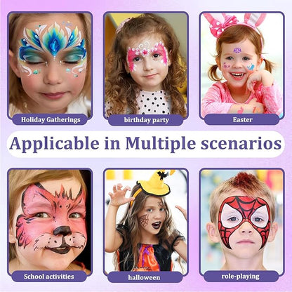42 Colors Kids Face Painting Kit,Non Toxic Water Activated Face Paint Palette with 5 Reusable & 45 Sticky Stencils,11 Brushes,2 Gems.Ideal for Mardi Gras,Halloween,Christmas,makeup,Parties,Makeup etc.