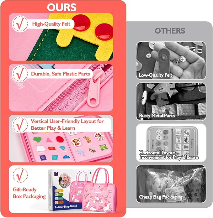 hahaland Toddler Busy Board Montessori Toys, 3 Year Old Girl Gifts Preschool Educational Learning Toys with Life Skills, Alphabet, Number, Shape, Color, Toddler Girl Stocking Stuffers Travel Busy Book