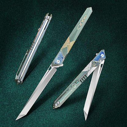 folding knife belt clip, M390 steel blade, outdoor camping knife, portable pocket knife titanium handle lightweight EDC men's pocket knife belt sheath
