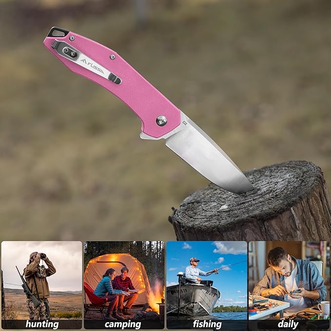 FLISSA Pocket Knife, Folding Tactical Knife with G10 Handle, D2 Blade, Liner Lock, Pocket Clip, EDC Knife for Hiking, Camping, Survival, Indoor and Outdoor Activities(Pink)