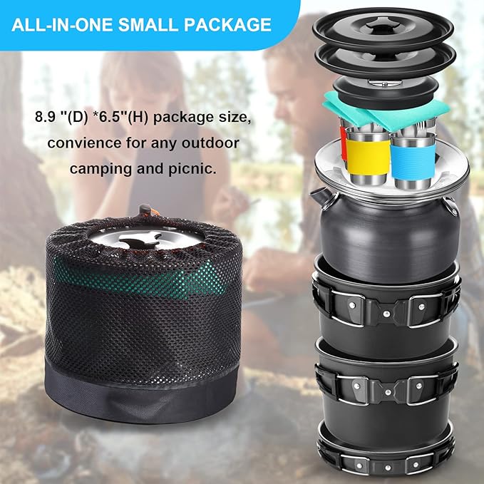 Gejoy 42 Pcs Camping Cookware Mess Kit, Non Stick Lightweight Pots Pan Kettle, Collapsible Water Container and Bucket, Stainless Steel Cups Plates Forks Knives Spoons for Outdoor Backpacking Picnic