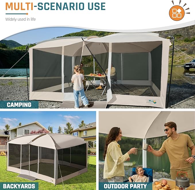 Screen House Tent 13x9ft Screen Room Mesh Gazebos w/ 2 Magnetic Doors, Included Projection Screen, Camping Tent Screened Canopy Shelter for Outdoor Patios Backyards Activities (Beige)
