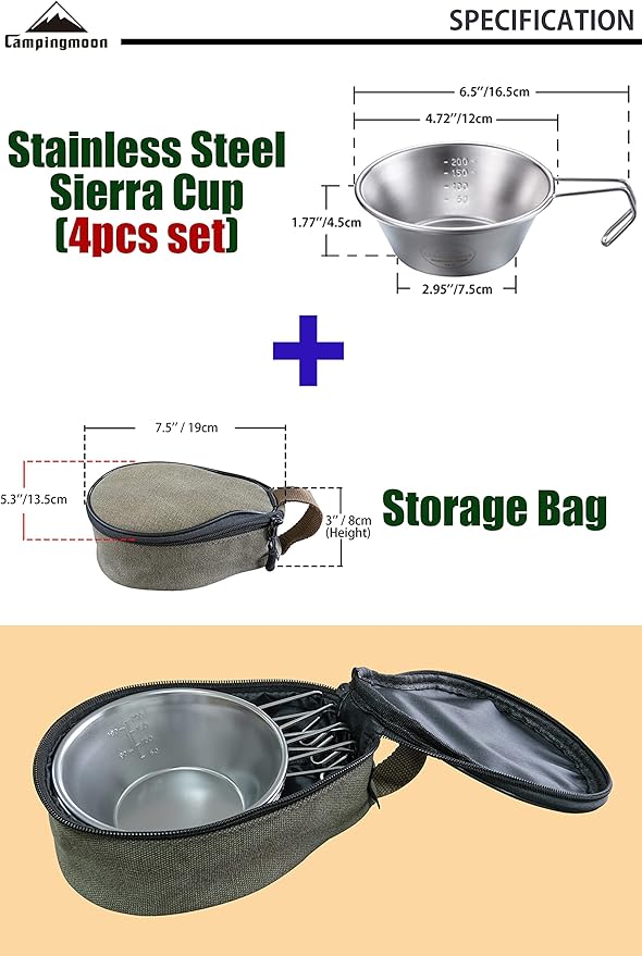 CAMPINGMOON 4pcs Set Stainless Steel Camping Sierra Cup 310ml with Storage Case S220-4P+B