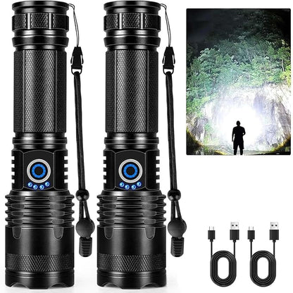 Rechargeable LED Flashlights High Lumens, 90,000 Lumens Super Bright Flashlights with 5 Modes, Waterproof Powerful Flash Light Multifunctional Flashlights for Home Camping Hiking(2 Pack)