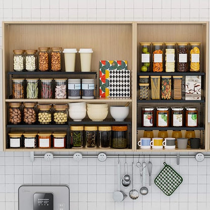 Stackable Expandable Metal Shelf Organizer - Adjustable Wire Storage Rack with Holes for Kitchen, Bathroom, Cabinet, Office - Space Saving, Durable & Sturdy Design（1PACK/Medium/Black