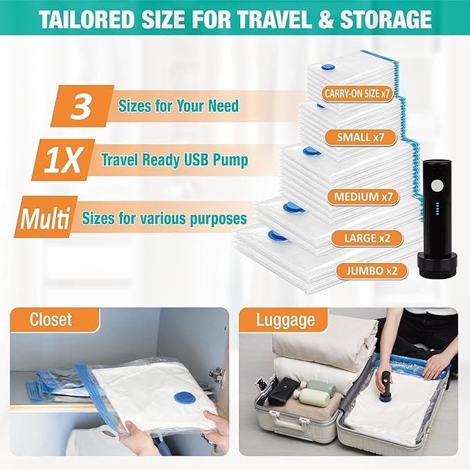 Vacuum Storage Bags with Electric Pump, 25 Pack Space Saver Bags Vacuum Seal Bags with Pump, Vacuum Sealer Bags for Clothes, Comforters, Blankets, Bedding