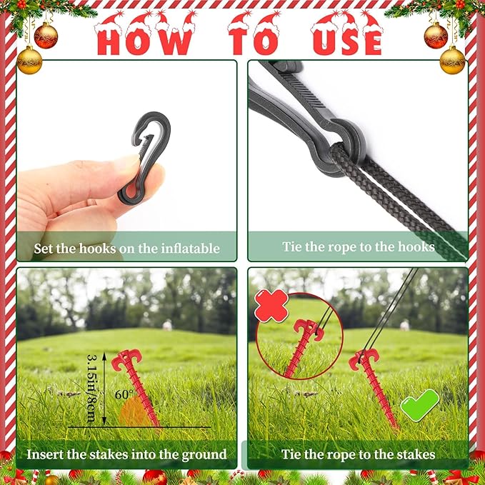 AUGSUN 54 Pieces Plastic Inflatable Stakes Set, Include Tent Stakes, Tethers Ropes and Hooks Heavy Duty Garden Yard Stakes for Christmas Outdoor Decorations Red