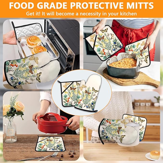 Wildflowers Butterfly Oven Mitts and Pot Holders Sets 4Pcs, Extra Long Oven