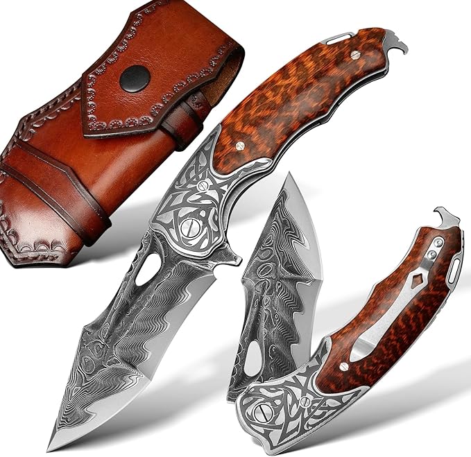 handmade damascus steel pocket folding knife, Snakewood handle with pocket clip and leather case, camping, climbing, fishing, EDC pocket knife
