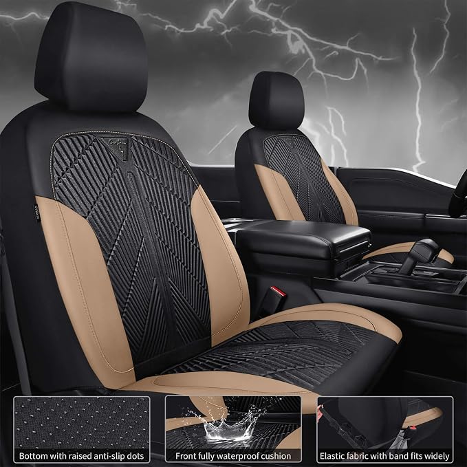 CAR PASS Waterproof Black Beige Car Seat Covers Front Seat Covers Neoprene Wetsuit,All-Weather Non-Slip Durable,Universal Fit for SUV Sedans Trucks Automotive,Airbag Compatible,3D Emboss Black Beige
