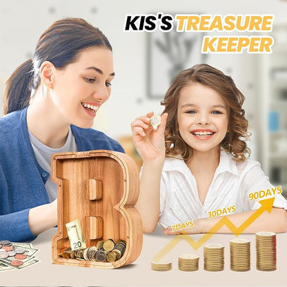 KMC Wooden Letter Piggy Bank, Personalized Initial Piggy Bank for Kids Boys, Clear Alphabet B Wood Money Box, Unbreakable Coin Saving Jar, Birthday, for Children