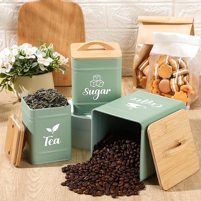 Maxdot 3 Set Coffee Sugar Tea Containers, Square Airtight Kitchen Canisters