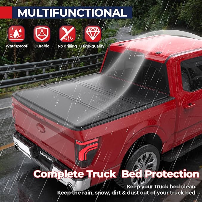 MOSTPLUS 5.5FT Fiberglass Tri Fold Hard Truck Bed Tonneau Cover Compatible with 2015-2025 2026 Ford F150 F-150 Long Bed On Top (67Inch)