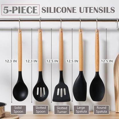 E-far Silicone Cooking Utensils Set, 5-Piece Black Kitchen Utensils Set
