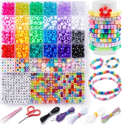 INSCRAFT 1200PCS Bracelet Making Kit, 24 Colors Pony Rainbow Kandi Beads, Friendship Bracelet Kit with Elastic Strings for Jewelry Making, Craft Gifts for Girls Adults
