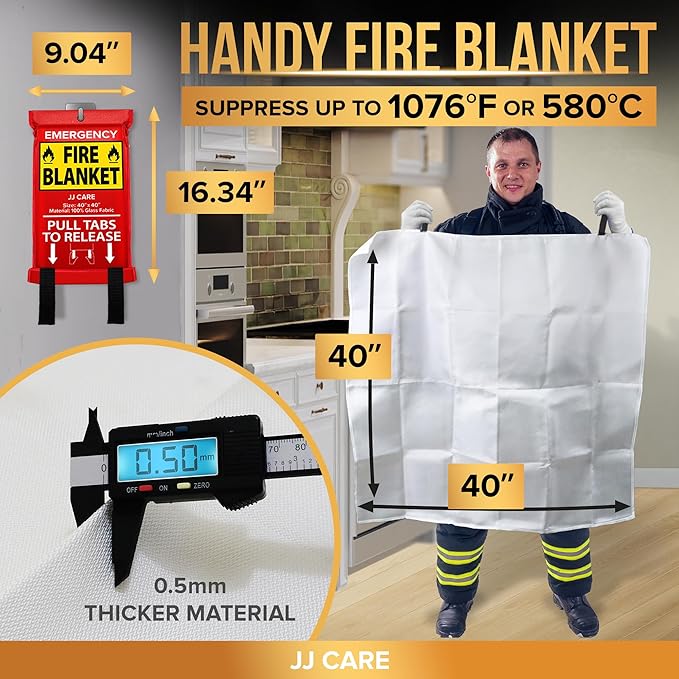 JJ CARE Fire Blanket ??3 Packs with Hooks and Gloves ??Emergency Fire Blanket for Home & Kitchen, High Heat Resistant Fire Suppression Blankets for Home Safety, Kitchen, and Camping