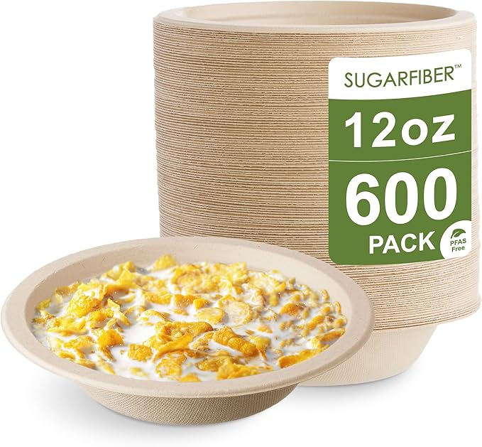 [600 Count] Harvest Pack PFAS Free 12oz Round Compostable Paper Bowls Bulk, Disposable Heavy-Duty Eco-Friendly Bagasse Bowls, Sugarcane Natural Plant fibers for Meal Prep Takeout Dinnerware