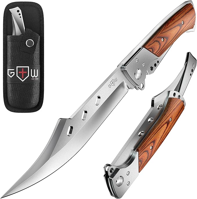 Grand Way Long Blade Folding Knife - Sharp Hunting Hiking Camping Tactical Survival Work Knives for Men Women - Foldable Large Knife with Rosewood Handle - Stocking Stuffers Gifts 4172