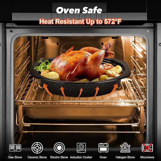13” Roaster Pan with Lid and Rack, Small Enamel Roaster Pan with Oval Roasting
