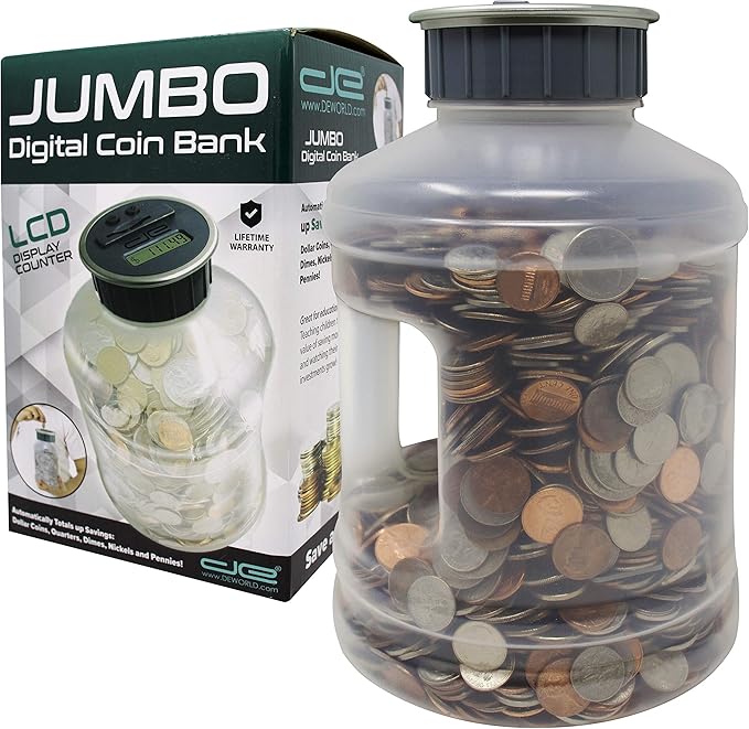 Jumbo Digital Coin Counter Bank - Extra Large Savings Jar for Pennies Nickles Dimes Quarters Half Dollar and Dollar Coins | Clear Jar w/LCD Display